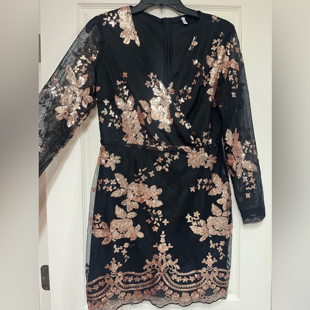 Black and Gold Sequin Floral Dress